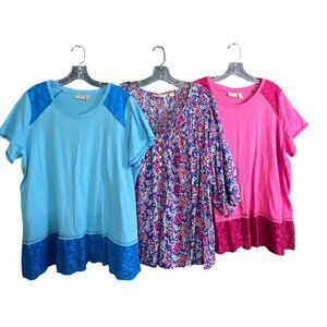 3-Pack Womens Tops Size 1X Short Sleeve & 3/4 Sleeve Lace Trim & Pockets